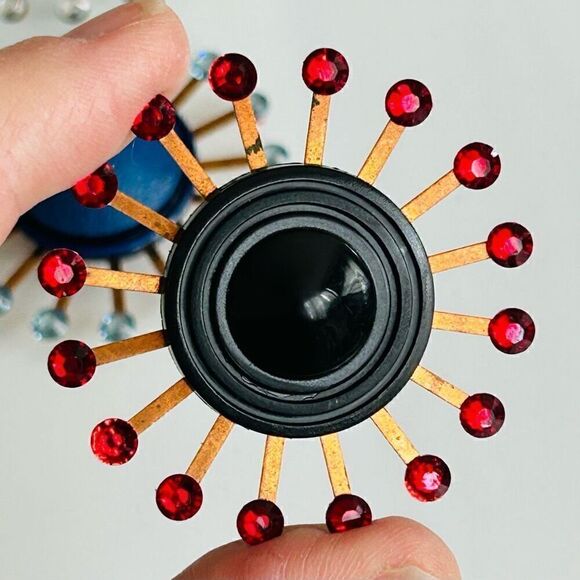 Upcycled Atomic Starburst Refrigerator Magnet Buttons Rhinestones Black Red - Picture 3 of 5